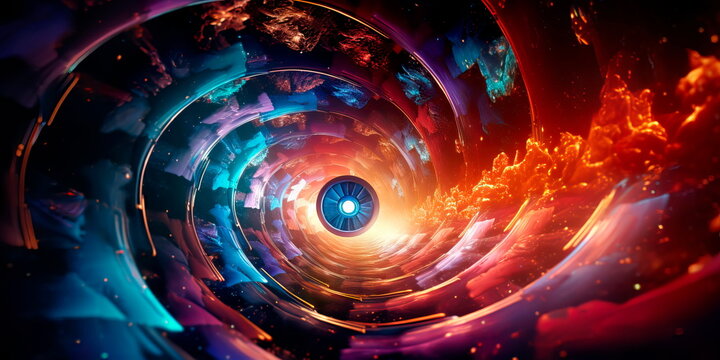 Time Warp Vortex: vortex in space, bending time and emitting radiant, shifting colors.