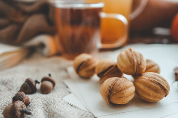 Cookies nuts with condensed milk and tea, good morning concept