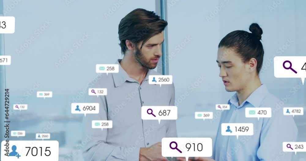Aufkleber animation of multiple notification bars over diverse coworkers discussing reports on digital tablet