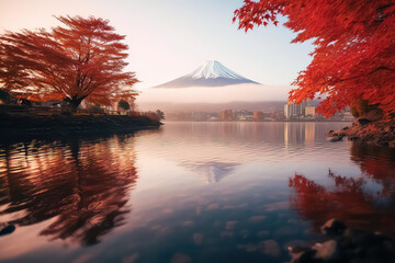 Colorful autumn season and Mount Fuji with red leaves at Lake Kawaguchiko,