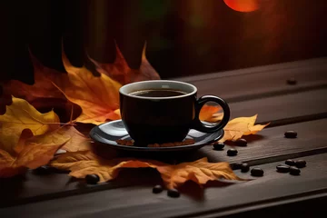 Foto op Canvas hot steaming cup of coffee on the background of autumn leaves. © terra.incognita