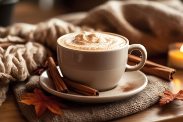 Autumn sweet hot drink with cinnamon and various spices,