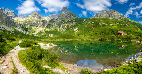 panoramic view on High Tatra mountains and Zelene pleso lake in Slovakia