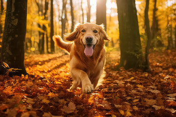 Happy dog running in the autumn forest.