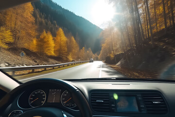 the car is driving along a beautiful autumn road, the view from behind the car.