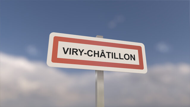A sign at Viry-Ch&acirc;tillon town entrance, sign of the city of Viry Ch&acirc;tillon. Entrance to the town of Essonne.