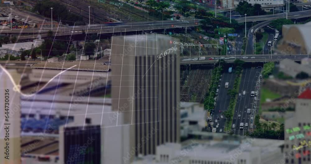 Poster Animation of statistical, stock market data processing over aerial view of timelapse of city traffic