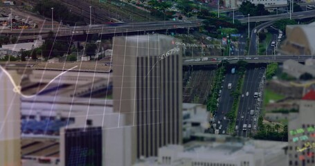 Animation of statistical, stock market data processing over aerial view of timelapse of city traffic - Powered by Adobe
