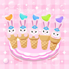 Cake on a rabbit-shaped popsicle cone Decorated with sugar flowers, pink background, decorated with hearts.