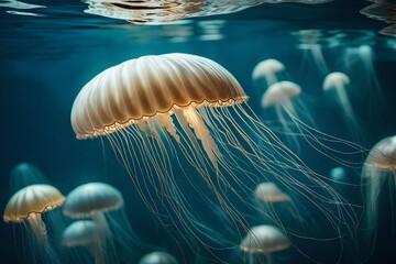 A close-up of a delicate, translucent jellyfish drifting gracefully through the depths of the ocean. 