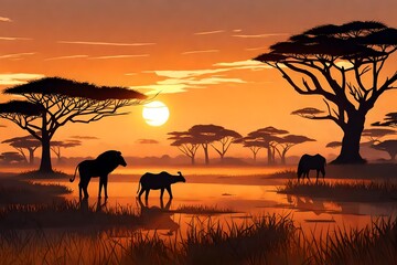 Sunset over a tranquil savanna, silhouetting the magnificent wildlife roaming freely. 