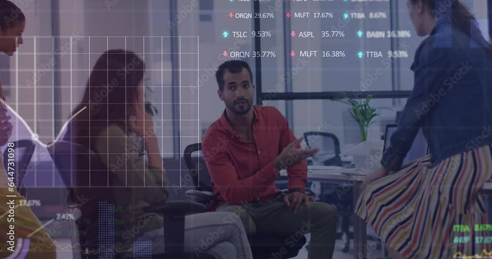 Poster animation of statistical, stock market data processing over diverse colleagues discussing at office