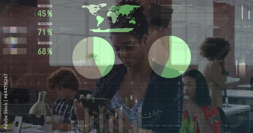 Poster animation of statistical data processing over african american woman using tablet smiling at office