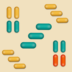 seamless pattern of colored capsules in a blister and in bulk on a yellow background