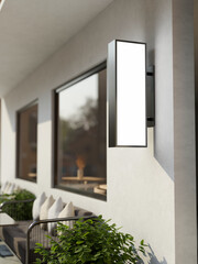 A modern blank store vertical signage mockup hanging mounted on the wall.