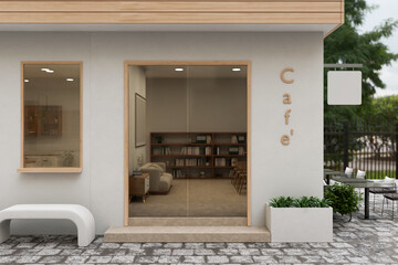 A beautiful minimal cafe exterior design with entrance door and a signage hanging on the wall.