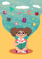 A cute little girl is reading a book and dreaming. Vertor illustration in cartoon style. 