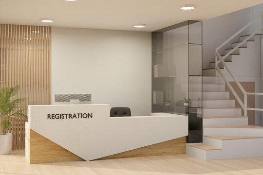 Interior design of a modern hospital or clinic reception area with registration counter.