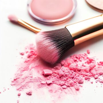 Makeup brush and pink cosmetic powder on white background.