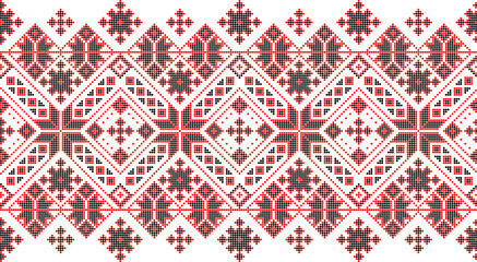 Vector illustration of Ukrainian ornament in ethnic style, identity, vyshyvanka, embroidery for print clothes, websites, banners. Background. Geometric design, border, copy space, frame
