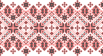 Vector illustration of Ukrainian ornament in ethnic style, identity, vyshyvanka, embroidery for print clothes, websites, banners. Background. Geometric design, border, copy space, frame