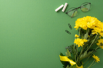 Teacher's Day cheers are in order! Discover a top-view snapshot presenting chrysanthemum flowers...