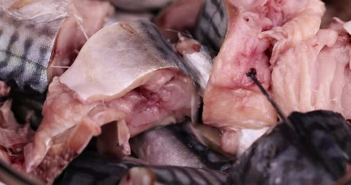 adding lemon and lemon juice to mackerel during the preparation of a fish dish, raw butchered mackerel during cooking