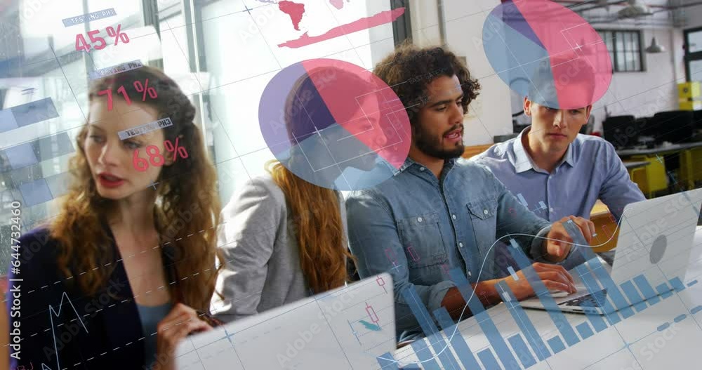 Poster animation of statistical data processing over diverse colleagues discussing over a laptop at office