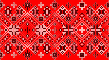 Vector illustration of Ukrainian ornament in ethnic style, identity, vyshyvanka, embroidery for print clothes, websites, banners. Background. Geometric design, border, copy space, frame