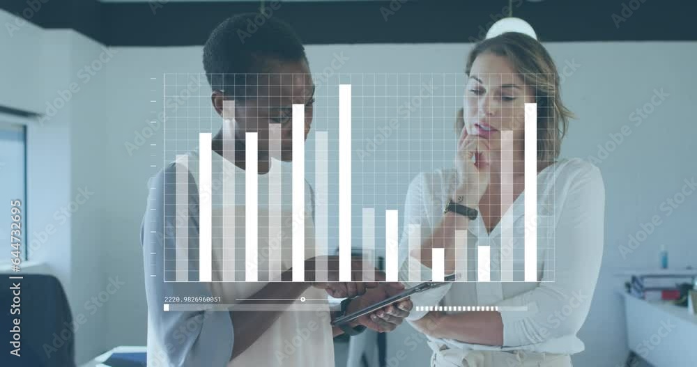 Poster animation of statistical data processing over two diverse women discussing over a tablet at office