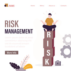 Obraz premium Risk management, landing page template. Calm businessman sitting in lotus pose on balanced pyramid of blocks with text - RISK. Challenge managing. Financial management