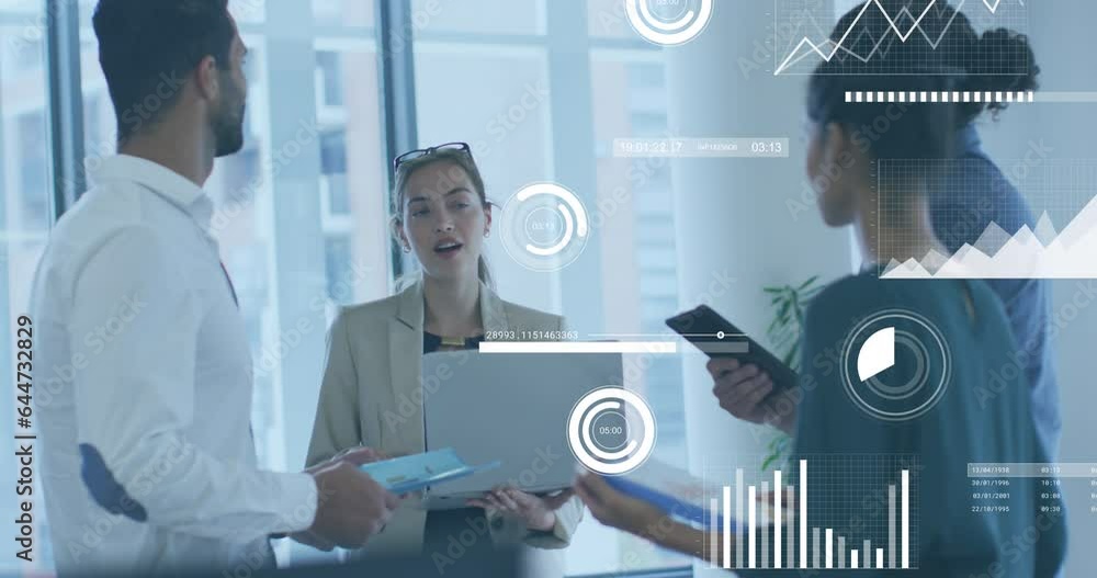 Poster animation of statistical data processing over diverse businesspeople discussing together at office
