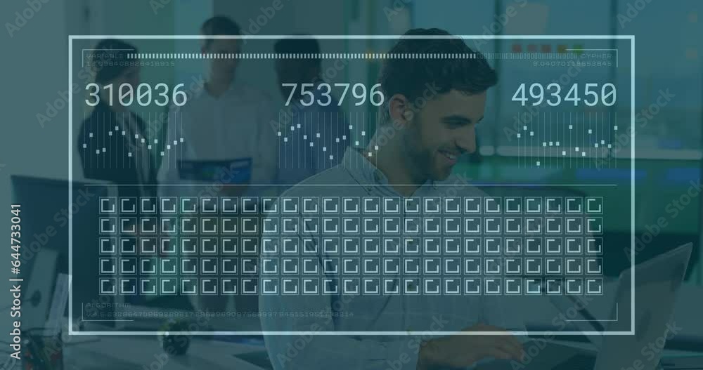 Poster animation of interface with data processing over caucasian man using laptop and smiling at office