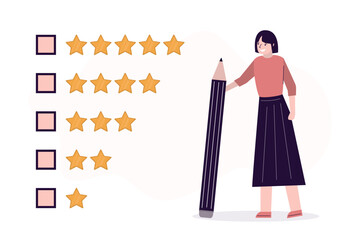 Businesswoman or woman client holding pencil to review and thinking about quality result. Evaluation or satisfaction feedback, performance rating or customer review, rate service.