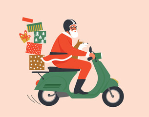 Santa Claus driving scooter delivering gifts merry christmas happy new year holidays celebration concept winter cityscape background horizontal vector illustration