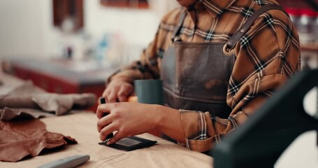 Leather work, hands in workshop with hammer and craft manufacturing of unique textile product. Tools, fabric and craftsman at tannery factory with pattern, service and repair process on suede texture