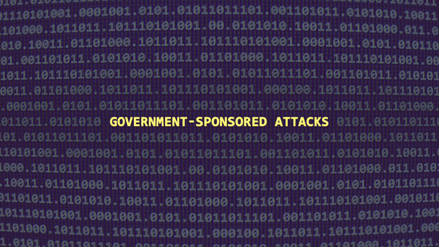 Cyber attack government-sponsored attacks. Vulnerability text in binary system ascii art style, code on editor screen. Text in English, English text