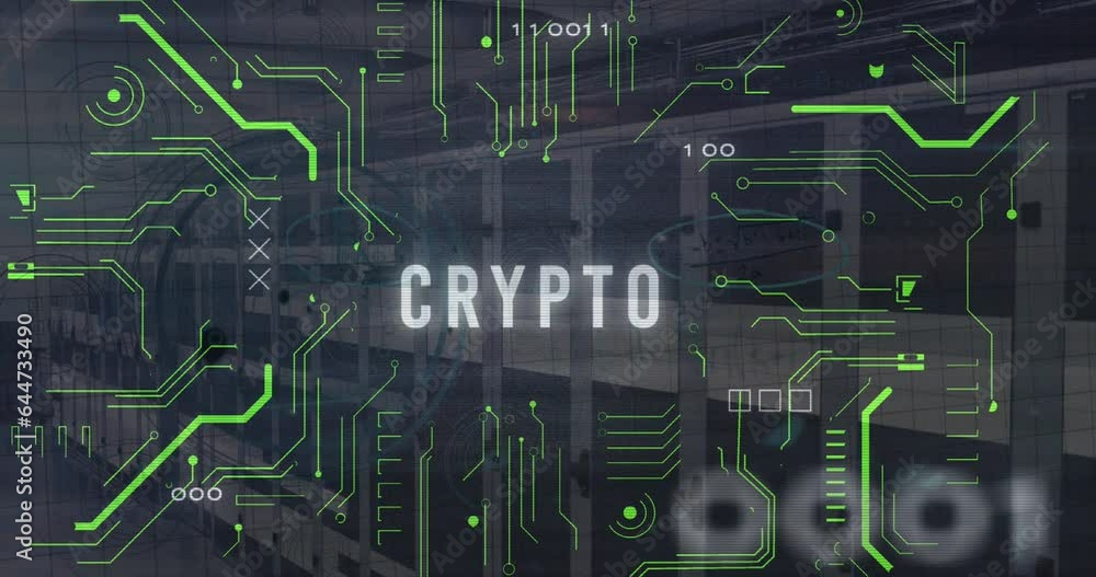 Poster animation of circuit board pattern, binary codes and crypto text over server room