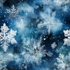 Snowflakes on blue in watercolor style seamless pattern