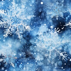 Snowflakes on blue in watercolor style seamless pattern