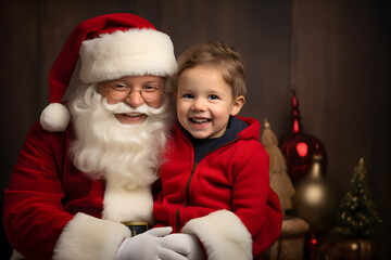 Fototapeta na wymiar Young child sitting on Santa Claus knee