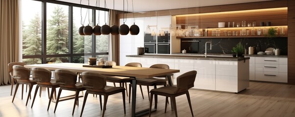 large kitchen space with modern interior design with wooden table and chairs.