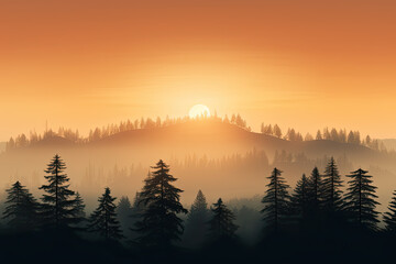 Sunset  with the sun casting shadows in the shape of pine trees on fog