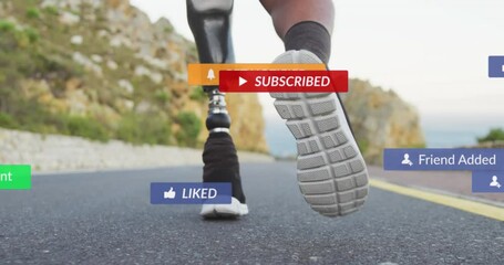 Animation of notification bars over low section of african american athlete run on road - Powered by Adobe