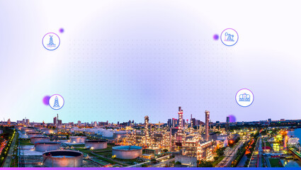 Double exposure Engineers holding safety icons in their arms and holding walk talky in their hands with oil and gas refinery background on industry