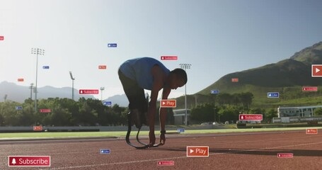 Animation of notification bars over african american athlete performing stretching in race track - Powered by Adobe