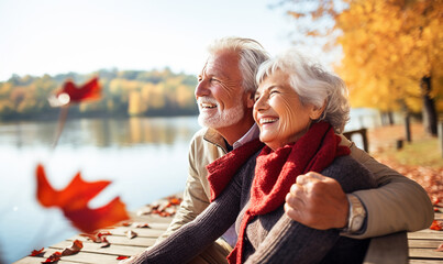 lachende lebensfrohe zufriedene Senioren umarmen sich im Herbst