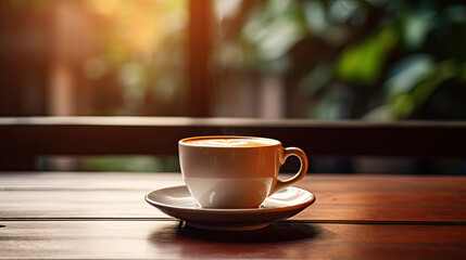 Obraz premium Cup of coffee on the wooden table, nature as a background 
