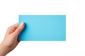 A human hand holding a blank sheet of blue paper or card isolated on white background