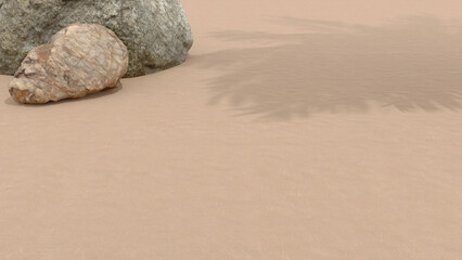 Fototapeta na wymiar Tropical beach scene. Yellow sand and stones, the shadow of a palm tree. Free space for inserting objects. 3D render.